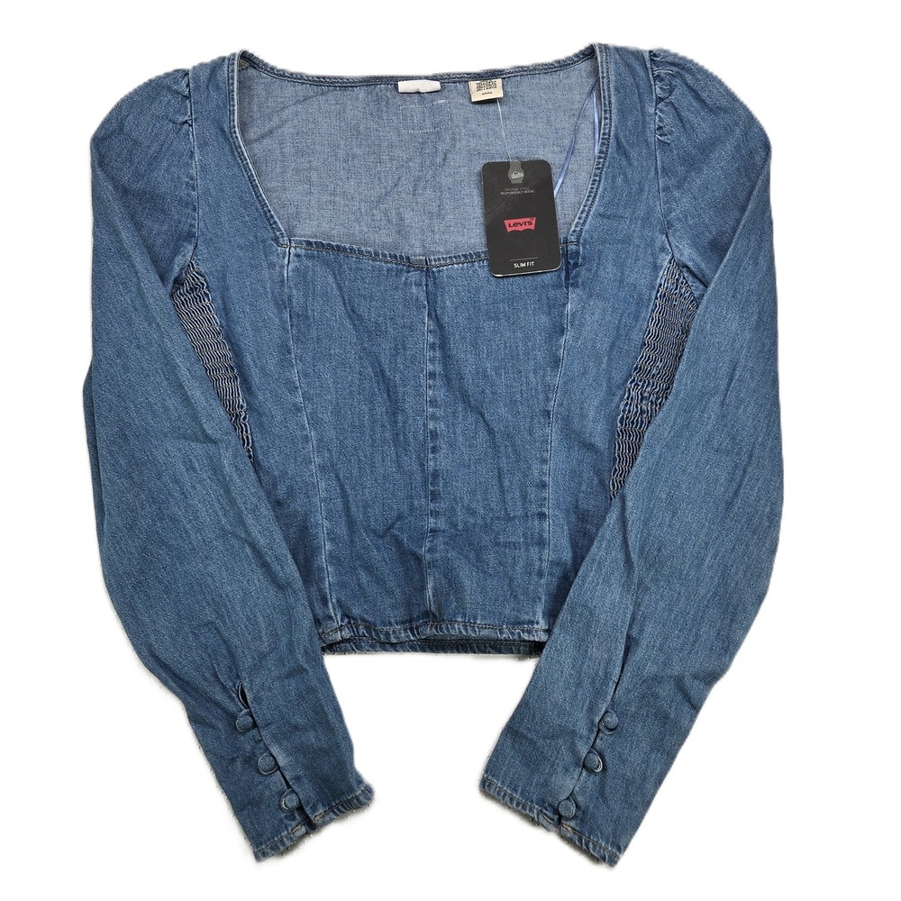 Levis Womens Blue Denim Square Neck Slim Fit Top Smocked Sides Size S NWT